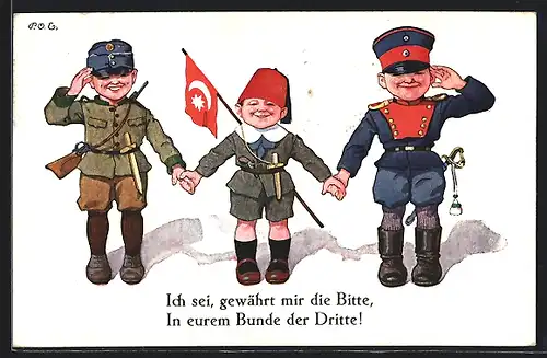 Künstler-AK P. O. Engelhard (P.O.E.): Kinder als Soldaten, Ich sei, gewährt mir die Bitte, In eurem Bunde der Dritte!