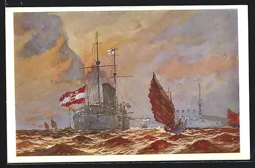 Künstler-AK Alexander Kircher: Kiautschau, Kriegsschiff SMS Kaiserin Elisabeth vor der Küste