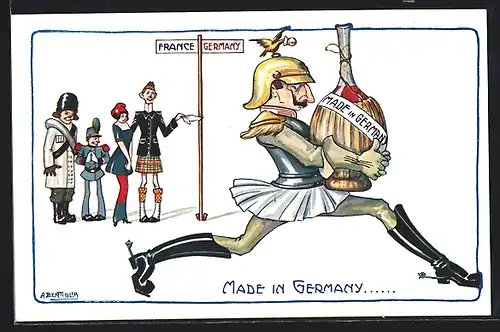 Künstler-AK A. Bertiglia: Propaganda Entente, Kaiser Wilhelm II. stiehlt französischen Wein und flieht