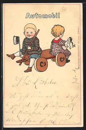 Künstler-AK Gertrud Caspari unsign.: Kinder auf ihrem Automobil, Mädchen mit Puppe
