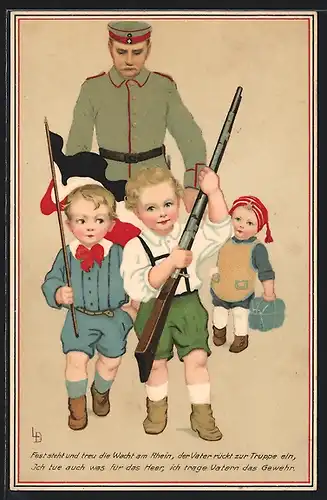 Künstler-AK Lia Döring: Einrückender Soldat und seine Kinder, die Fahne und Gewehr tragen