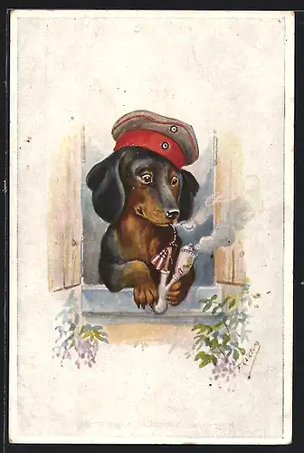Künstler-AK Friedrich Kaskeline: Ich kann den Blick nicht von ihre wenden..., Dackel raucht am Fenster Tabakpfeife