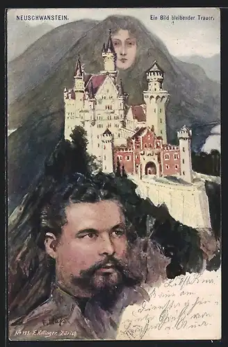 Künstler-AK Fritz Hass: Neuschwanstein, Bergkette mit Bildnis Ludwig II., vermenschlichte Berge, Berggesichter