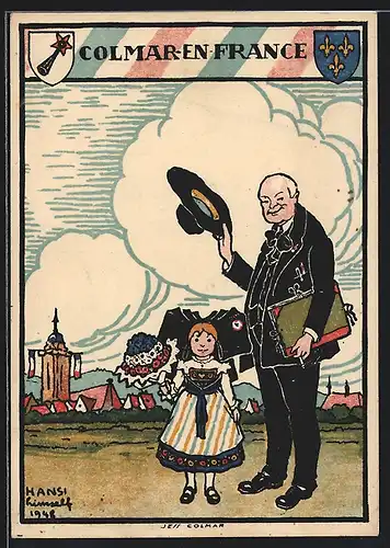 Künstler-AK Hansi: Colmar-en-France, Mann und Kind in Tracht