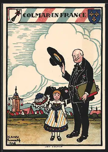 Künstler-AK Hansi: Colmar-en-France, Mann und Kind in Tracht