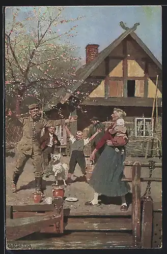 Künstler-AK sign. C. Röchling: Soldat bei der Heimkehr trifft jubelndes Kind und Frau