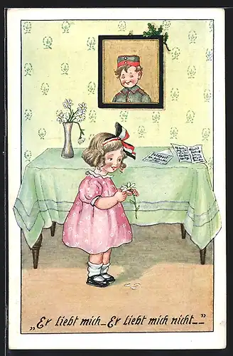 Künstler-AK Carl Diehl unsign.: Er liebt mich - er liebt mich nicht..., Mädchen beim Blumenorakel