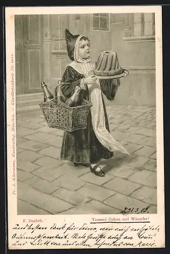 Künstler-AK Franz Doubek: Münchner Kindl mit einem Kuchen, Glückwunsch