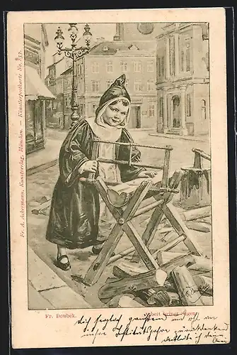 Künstler-AK Franz Doubek: Münchner Kindl sägt Holz