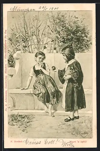 Künstler-AK Franz Doubek: Münchner Kindl übergibt einen Apfel an eine junge Dame