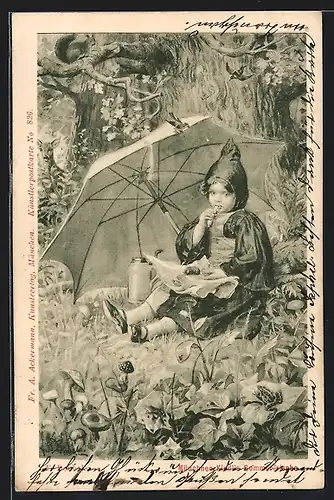 Künstler-AK F.Doubek: Münchner Kindl`s Sommerfrische, unter einem Schirm