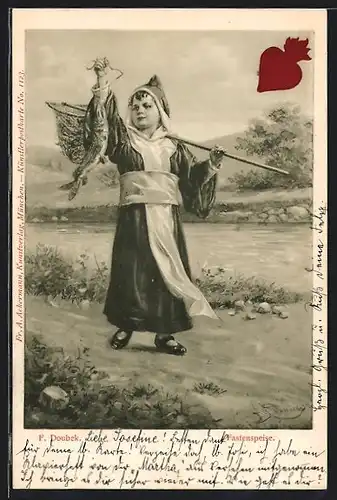Künstler-AK Franz Doubek: Fastenpartie, Müchner Kindl hat einen Hecht gefangen