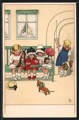 Künstler-AK Lia Döring: Kinder auf einer Bank mit Blumen, Dackel