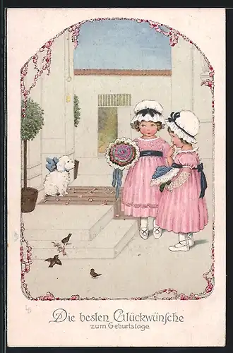 Künstler-AK Lia Döring: Zwei kleine Mädchen mit Blumen und Hund