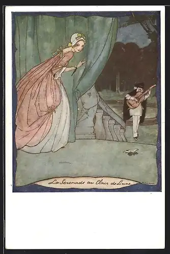Künstler-AK Rie Cramer: Heimlicher Verehrer singt Ständchen Le Serenade au Clair de Lune