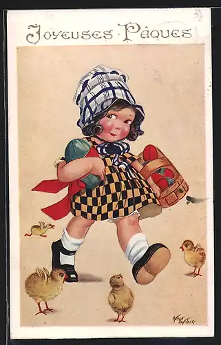 Künstler-AK Arthur Butcher: Mädchen mit Osterkorb und Küken, Ostergruss