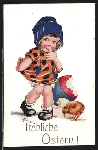 Künstler-AK Arthur Butcher: Mädchen mit Osterei und Küken, Ostergruss