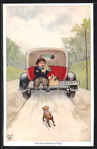 Künstler-AK Bert: Auto mit blindem Passagier