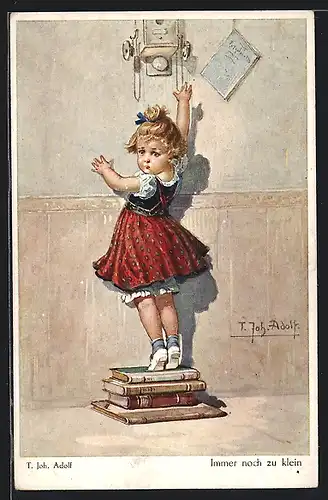 Künstler-AK Adolf (Jodolfi): kleines Mädchen kommt trotz Bücherstapel immer noch nicht an das Telefon heran