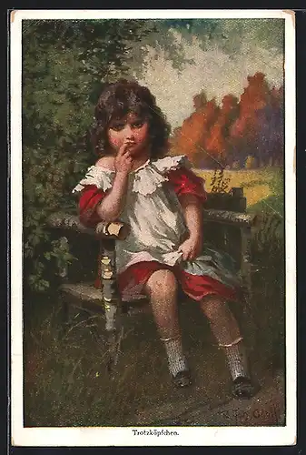 Künstler-AK Adolf (Jodolfi): Trotzköpfchen, Mädchen sitzt auf einem Stuhl