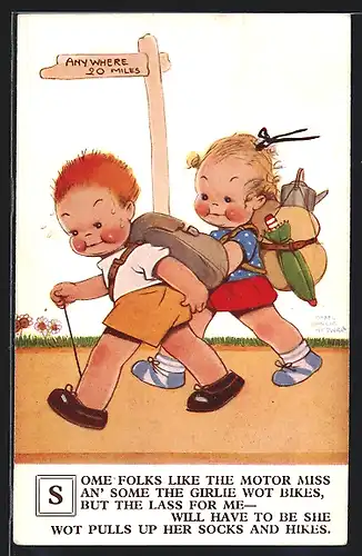 Künstler-AK Mabel Lucie Attwell: Some Folks like the Motor miss..., kleine Wanderer
