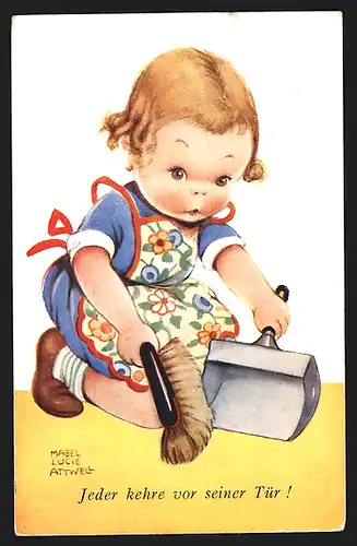 Künstler-AK Mabel Lucie Attwell: Mädchen mit Feger und Kehrschaufel
