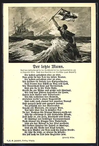 Künstler-AK Hans Bohrdt: Der letzte Mann, Seeschlacht bei den Falklandsinseln 1914, Flagge, Gedicht, Kriegsschiff