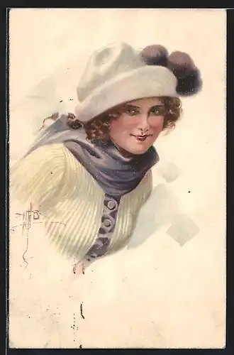 Künstler-AK W. Braun: lächelnde Dame mit Hut