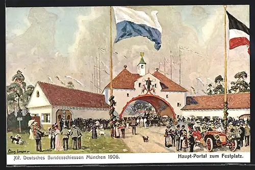 Künstler-AK München, XV. Deutsches Bundesschiessen 1906, Hauptportal zum Festplatz