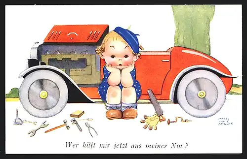 Künstler-AK M.L. Attwell: Kleiner Junge hat Probleme bei der Reparatur seines Autos