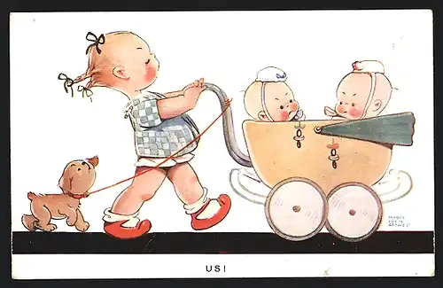 Künstler-AK Mabel Lucie Attwell: Us!, Mädchen mit Hund schiebt zwei Babys im Kinderwagen