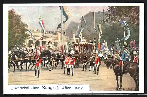 AK Wien, Eucharistischer Kongress 1912, Königskutsche in der Stadt