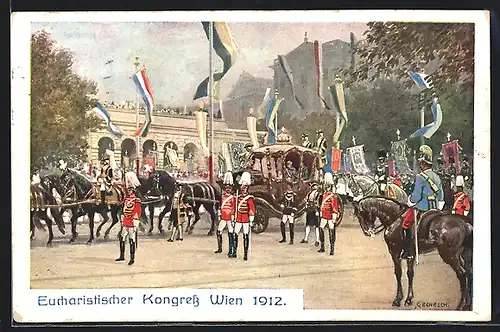 AK Wien, Eucharistischer Kongress 1912, Königskutsche in der Stadt