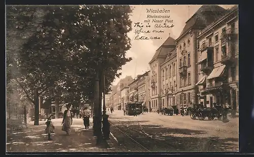 AK Wiesbaden, Rheinstrasse mit Neuer Post und Strassenbahn