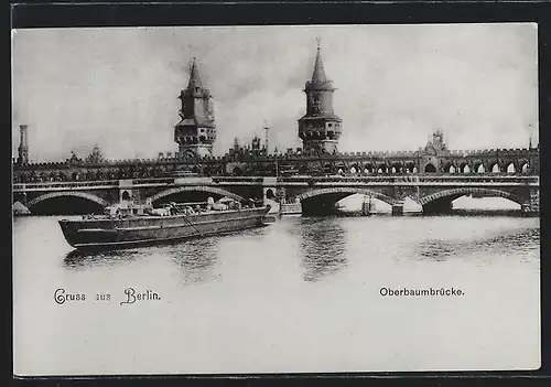 AK Berlin-Friedrichshain, Oberbaumbrücke mit Kahn