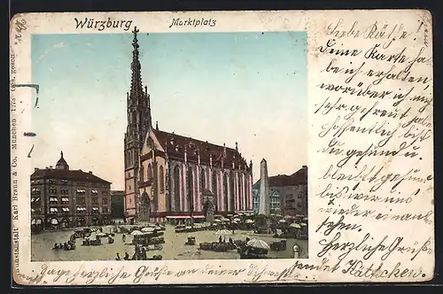 Goldfenster-AK Würzburg, Kirche mit leuchtenden Fenstern und Marktplatz