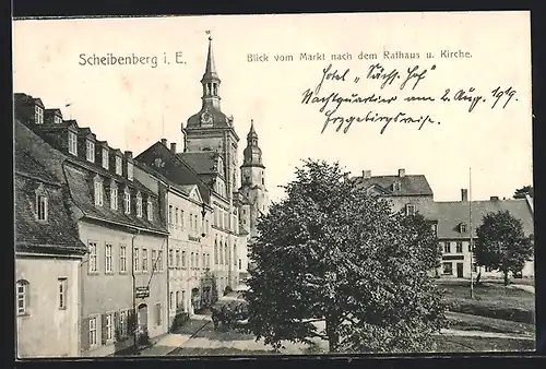 AK Scheibenberg i. E., Blick vom Markt nach Rathaus und Kirche