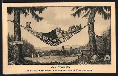 Künstler-AK Bad Wörishofen, Mann in Hängematte
