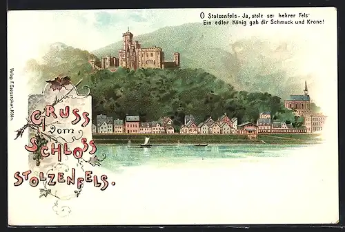 Lithographie Koblenz, Schloss Stolzenfels mit Ortsansicht