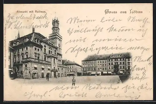 AK Löbau, Altmarkt mit Rathaus