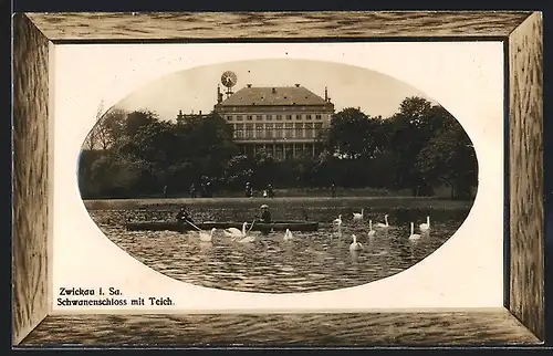 Präge-AK Zwickau i. Sa, Schwanenschloss mit Teich und Boot