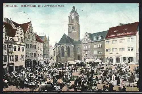 AK Meissen, Marktplatz mit Frauenkirche und Marktständen