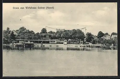 AK Gatow /Havel, Wasserpartie mit Wirtshaus, Inh. Paul Krause