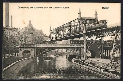 AK Berlin-Kreuzberg, Überführung der Hochbahn über den Landwehrkanal und Anhalter Bahnhof