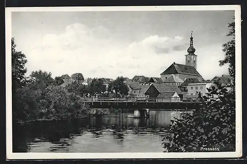AK Pressath, Flusspartie mit Brücke und Kirchturm