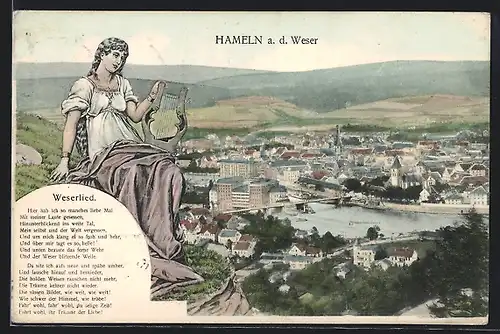 Künstler-AK Hameln a. d. Weser, Weserlied und Ortsansicht aus der Vogelschau