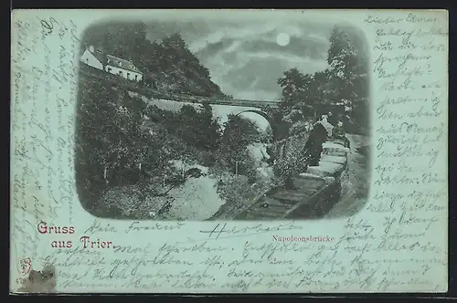 Mondschein-AK Trier, Napoleonbrücke bei Nacht