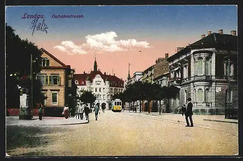 AK Landau, Ostbahnstrasse, Strassenbahn