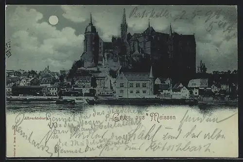 AK Meissen, Albrechtsburg mit Uferpartie der Ortschaft
