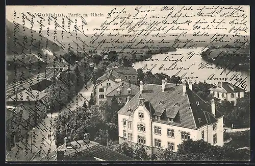 AK Waldshut, Flusspartie vom Rhein, Bahnhof aus der Vogelschau